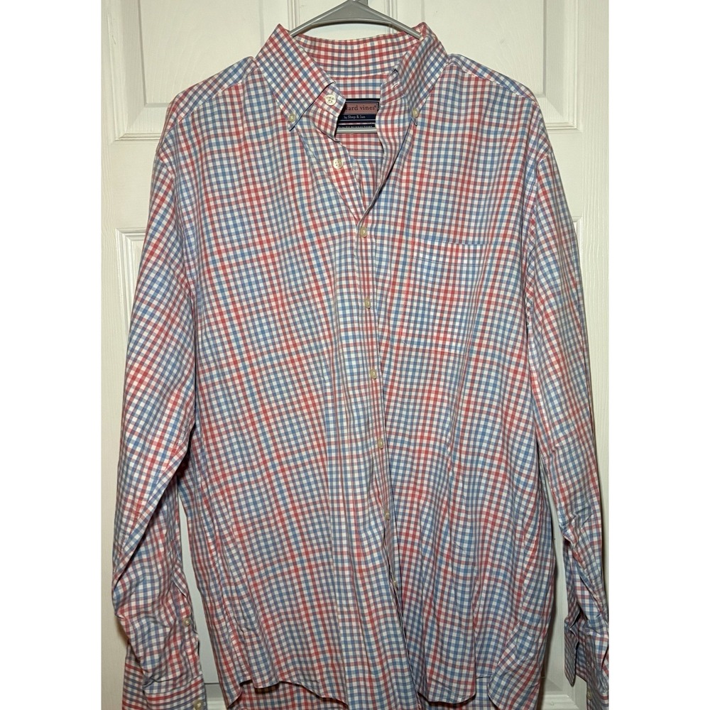 Vineyard Vines Red Blue Check Tucker Shirt Long Sleeve Mens XLButton Down Cotton